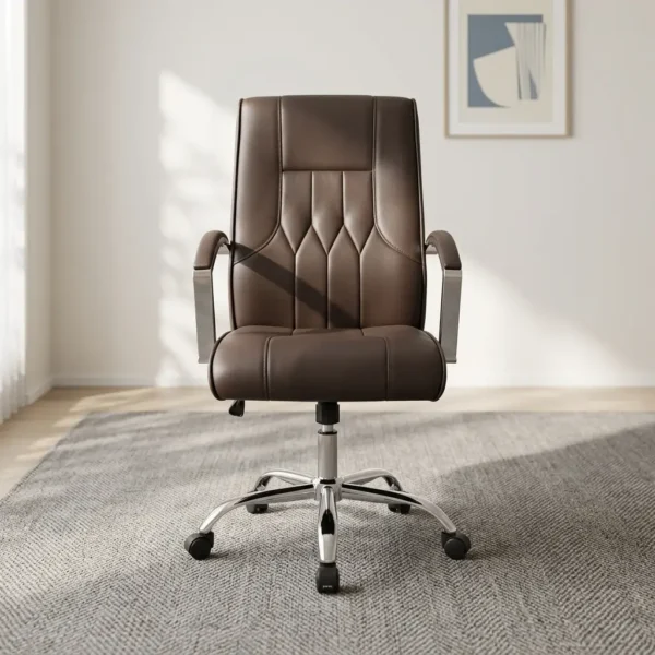 Brown leather swivel office chair featuring rich dark brown leather upholstery, decorative geometric diamond-stitched backrest paneling, fixed chrome armrests with matching padded leather pads, pneumatic height and tilt controls, and a polished chrome five-star swivel base with dual-wheel casters.