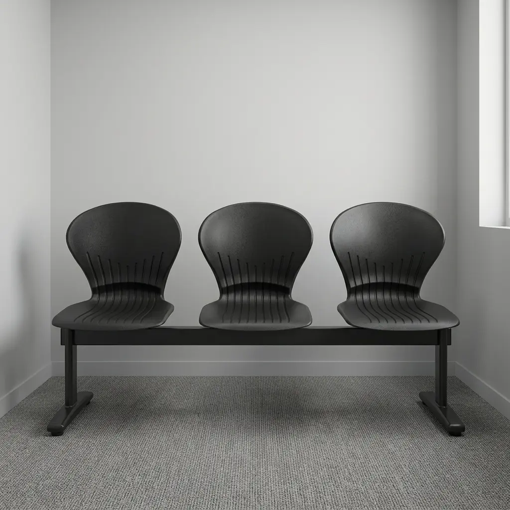 3-seater plastic waiting bench featuring three contoured, black molded plastic shell seats with vertical ribbed detailing, mounted on a sturdy black metal crossbar frame with T-bar legs.