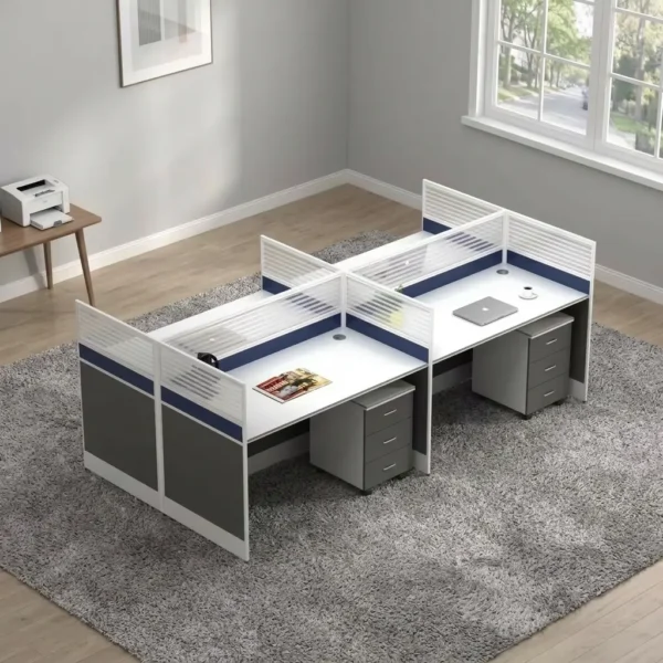 Spacious four-seater workstation featuring a back-to-back pod configuration, white desktops with integrated cable grommets, translucent frosted glass partition dividers with blue accent trim, dark grey side privacy panels, and under-desk three-drawer mobile pedestals for individual storage.