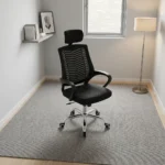 Swivel headrest office chair featuring a breathable black mesh backrest with chevron patterned support, an adjustable padded headrest, a thick fabric seat cushion, curved black armrests, tilt and height adjustment levers, and a polished chrome five-star base with dual-wheel casters.