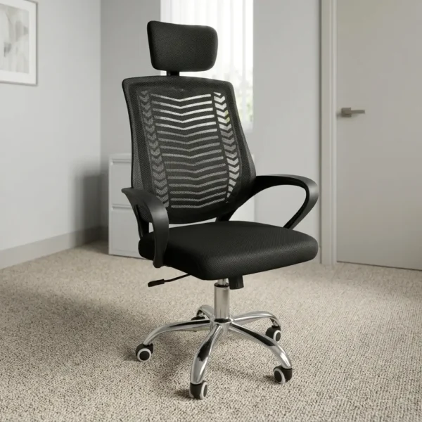 Swivel headrest office chair featuring a breathable black mesh backrest with chevron patterned support, an adjustable padded headrest, a thick fabric seat cushion, curved black armrests, tilt and height adjustment levers, and a polished chrome five-star base with dual-wheel casters.
