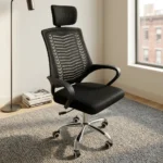 Swivel headrest office chair featuring a breathable black mesh backrest with chevron patterned support, an adjustable padded headrest, a thick fabric seat cushion, curved black armrests, tilt and height adjustment levers, and a polished chrome five-star base with dual-wheel casters.