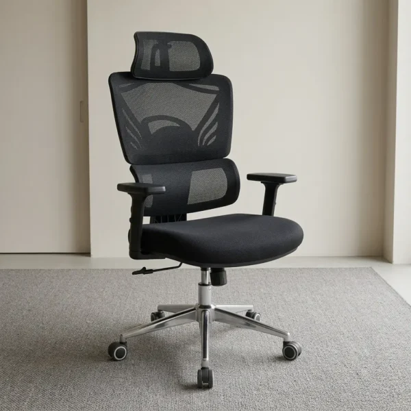 High quality orthopedic office chair featuring an ergonomic split black mesh backrest with separate adjustable lumbar support, a curved mesh headrest, T-shaped adjustable armrests, a contoured fabric seat cushion, pneumatic controls, and a polished metallic five-star swivel base with dual-wheel casters.