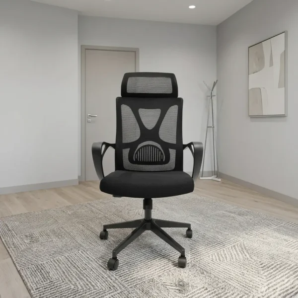 Multi-functional ergonomic office chair featuring a grey high-density mesh backrest with a distinct Y-shaped black support frame, an adjustable wide mesh headrest, integrated lower back lumbar support, loop armrests, a cushioned black fabric seat, pneumatic height control, and a durable black five-star swivel base with dual-wheel casters.