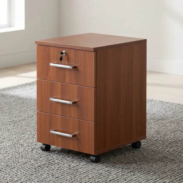 Mobile 3-drawer pedestal featuring a rich walnut wood laminate finish, three storage drawers with sleek horizontal metallic bar handles, a top-drawer safety key lock mechanism, and smooth-rolling black swivel casters for easy mobility.