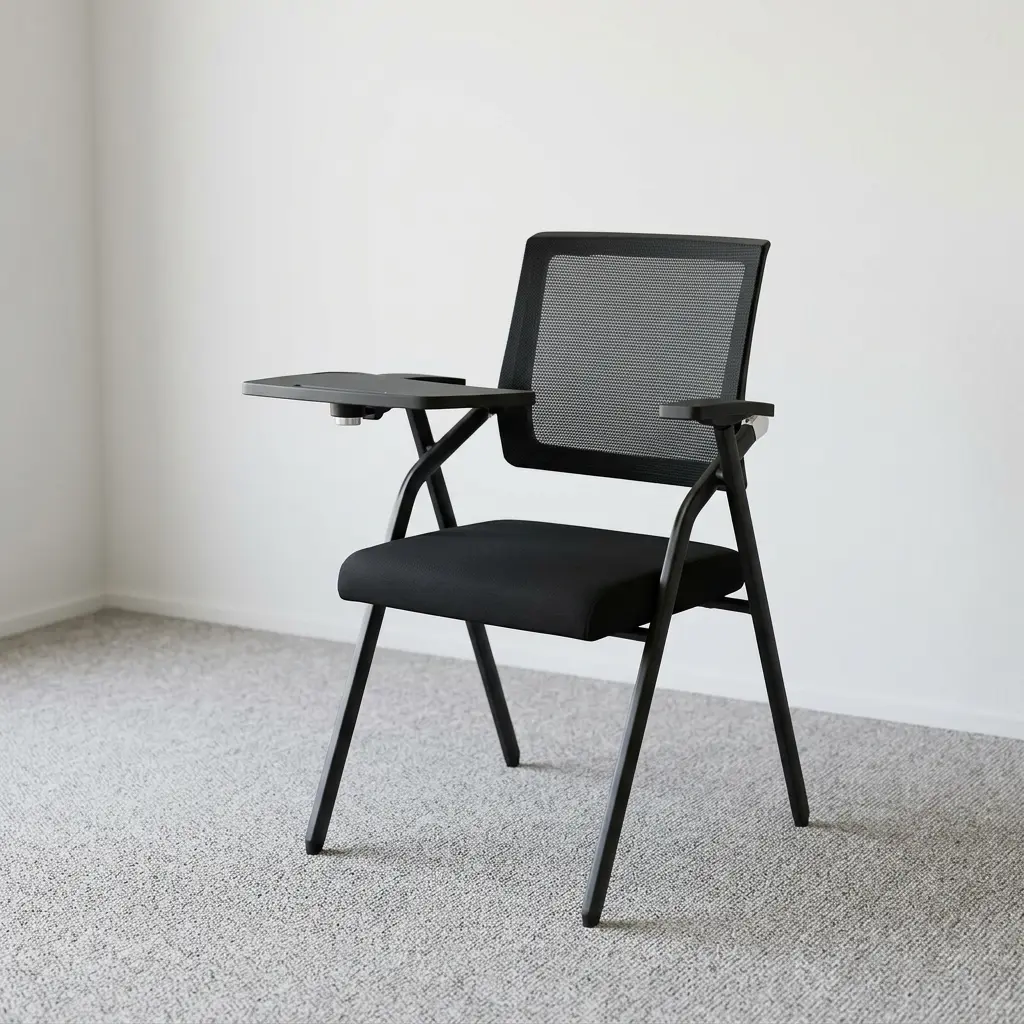 Foldable chair with writing pad featuring a breathable black mesh backrest, a cushioned dark grey fabric seat, integrated armrests, a built-in foldaway writing tablet with a cup holder, and a space-saving foldable black tubular steel frame. Foldable chair with writing pad featuring a breathable black mesh backrest, a cushioned dark grey fabric seat, integrated armrests, a built-in foldaway writing tablet with a cup holder, and a space-saving foldable black tubular steel frame.