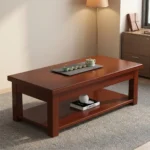 1200mm rectangular coffee table featuring a polished warm mahogany wood finish, a smooth rectangular top with thick aprons, a full-length lower open storage shelf, and sturdy square post legs.