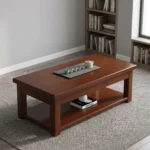 1200mm rectangular coffee table featuring a polished warm mahogany wood finish, a smooth rectangular top with thick aprons, a full-length lower open storage shelf, and sturdy square post legs.