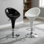 Height adjustable plastic barstool featuring a modern rounded bucket seat design, pneumatic height adjustment lever, circular chrome footrest, and a polished chrome pedestal base.