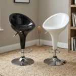 Height adjustable plastic barstool featuring a modern rounded bucket seat design, pneumatic height adjustment lever, circular chrome footrest, and a polished chrome pedestal base.