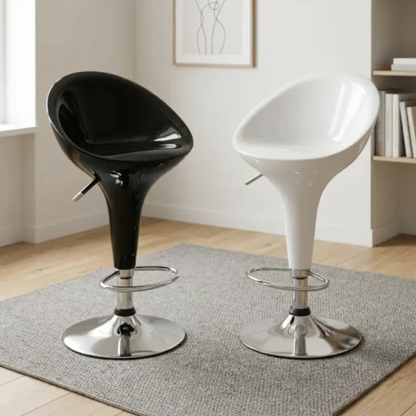 Height adjustable plastic barstool featuring a modern rounded bucket seat design, pneumatic height adjustment lever, circular chrome footrest, and a polished chrome pedestal base.