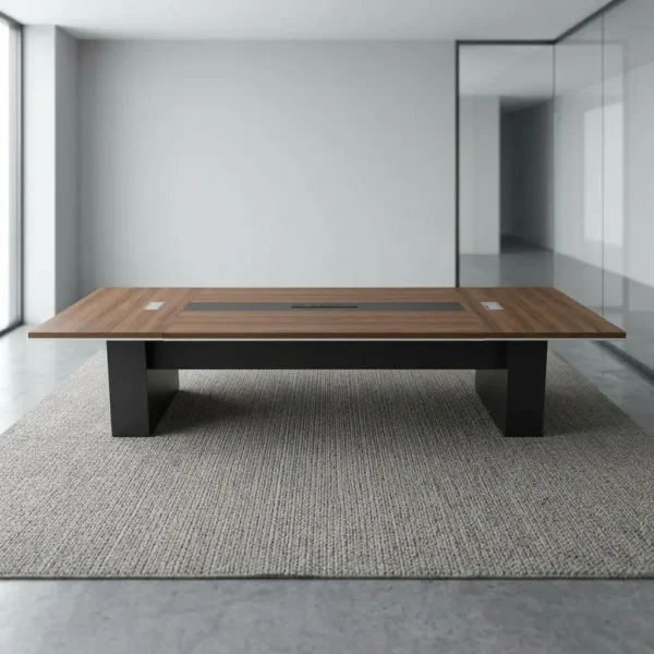 3.5m conference meeting table featuring a modern two-tone design with a warm natural wood grain laminate top, a central charcoal grey inlay strip with integrated cable management connectivity modules, and sturdy dark grey panel pedestal bases.