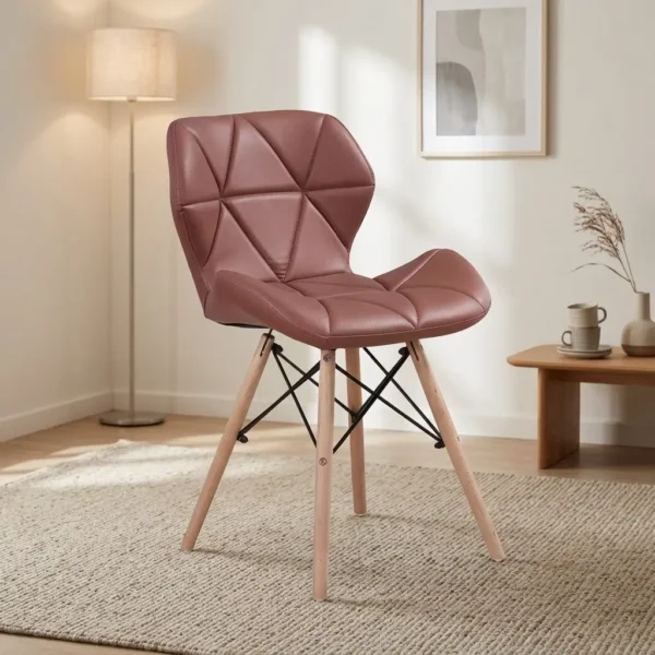 Brown leather eames chair featuring a geometric diamond-quilted pattern with tan brown leather upholstery, a contoured bucket seat, light natural wooden legs, and black Eiffel-style metal wire cross-bracing.