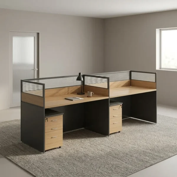 Straight 2-way workstation featuring a dual side-by-side desk setup in light oak laminate with charcoal grey side and back panels, semi-private frosted glass desktop divider screens with metal frames, and two matching under-desk 3-drawer pedestals with key locks.