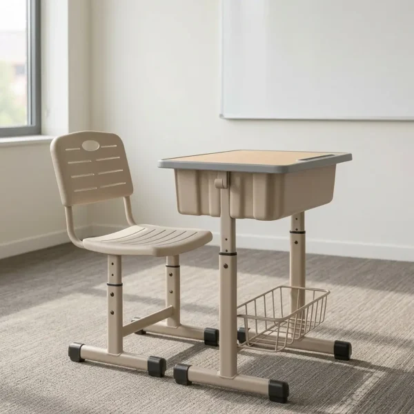 Children's study desk & chair featuring a height-adjustable beige metal frame set, a smooth light wood laminate tabletop with an integrated pen groove, an under-desk storage book box and lower wire basket, and a matching slatted ergonomic plastic chair.