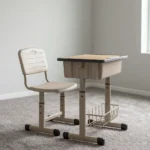 Children's study desk & chair featuring a height-adjustable beige metal frame set, a smooth light wood laminate tabletop with an integrated pen groove, an under-desk storage book box and lower wire basket, and a matching slatted ergonomic plastic chair.