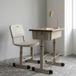 Children's study desk & chair featuring a height-adjustable beige metal frame set, a smooth light wood laminate tabletop with an integrated pen groove, an under-desk storage book box and lower wire basket, and a matching slatted ergonomic plastic chair.