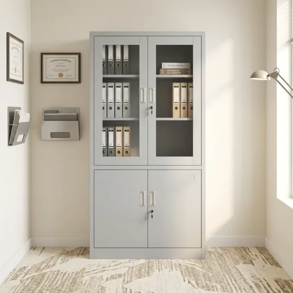 Half glass metallic filing cabinet featuring a durable light grey steel construction, upper double glass-panel doors with interior shelves, lower solid metal double doors for concealed storage, recessed handles, and independent key-locking mechanisms.