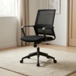 Black ergonomic mesh office seat featuring a breathable black mesh backrest with built-in lumbar support, a padded black fabric seat cushion, fixed loop armrests, pneumatic height adjustment lever, and a durable black nylon five-star swivel base with smooth-rolling casters.
