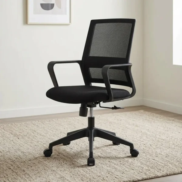 Black ergonomic mesh office seat featuring a breathable black mesh backrest with built-in lumbar support, a padded black fabric seat cushion, fixed loop armrests, pneumatic height adjustment lever, and a durable black nylon five-star swivel base with smooth-rolling casters.