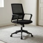 Black ergonomic mesh office seat featuring a breathable black mesh backrest with built-in lumbar support, a padded black fabric seat cushion, fixed loop armrests, pneumatic height adjustment lever, and a durable black nylon five-star swivel base with smooth-rolling casters.