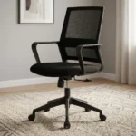 Black ergonomic mesh office seat featuring a breathable black mesh backrest with built-in lumbar support, a padded black fabric seat cushion, fixed loop armrests, pneumatic height adjustment lever, and a durable black nylon five-star swivel base with smooth-rolling casters.