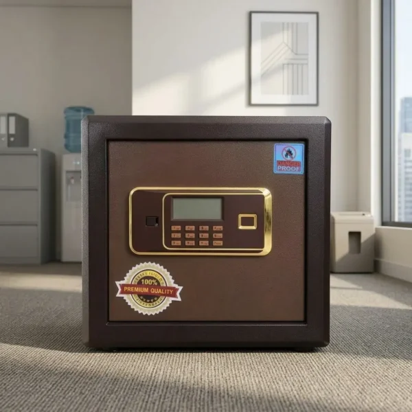 43kg digital fireproof safe featuring a heavy-duty steel body with a dark brown textured finish, a central control panel with a gold trim border, an LCD screen, a numeric keypad, a keyhole access slot, and an integrated biometric fingerprint scanner.