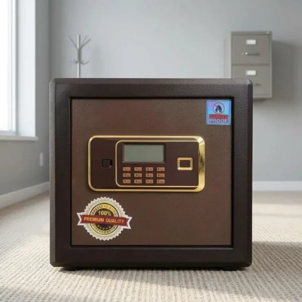 Secure 50kg fireproof safe featuring a heavy-duty dark brown metallic steel casing, triple solid steel locking bolts, a gold-trimmed electronic control panel with digital display and biometric fingerprint scanner, an adjustable interior shelf, and fireproof security construction.