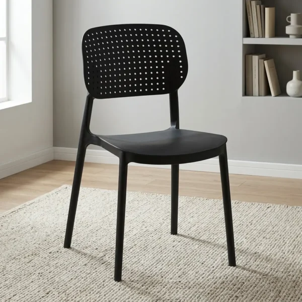 Black plastic armless chair featuring a breathable perforated grid backrest, a smooth contoured seat, and sleek integrated molded plastic legs.