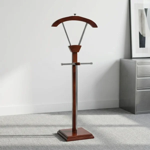 Modern wooden office coat hanger featuring a rich mahogany-finished wood construction, a contoured upper jacket hanger supported by metallic V-struts, a horizontal trouser bar, and a sturdy square base.