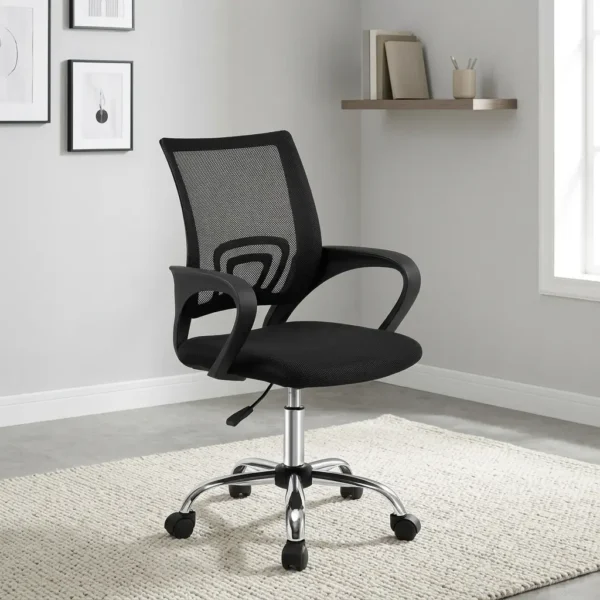 Low-back clerical office chair featuring a breathable black mesh backrest with contoured lumbar support, a padded fabric seat cushion, curved fixed armrests, height adjustment lever, and a chrome five-star swivel base with caster wheels.