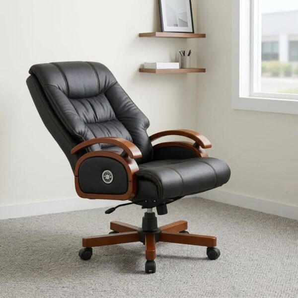 Executive leather recliner office chair featuring plush black leather upholstery with contrast stitching, high-back ergonomic cushioning, curved wooden armrests with leather padding, integrated control button, height adjustment mechanism, and a matching wooden five-star swivel base with dual-wheel casters.