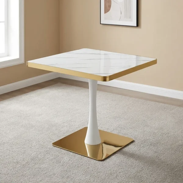 Modern square dining table featuring a white faux marble top with polished gold metallic edging, supported by a central white tulip pedestal column and a heavy flat square brass-toned base.