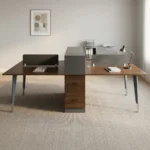 Wooden 4-seater workstation desk featuring rich dark walnut wood tabletops, a central grey storage divider spine with lower lockable pedestal drawers, side privacy desktop screens, integrated wire grommets, and sturdy grey metallic support legs with silver accents.