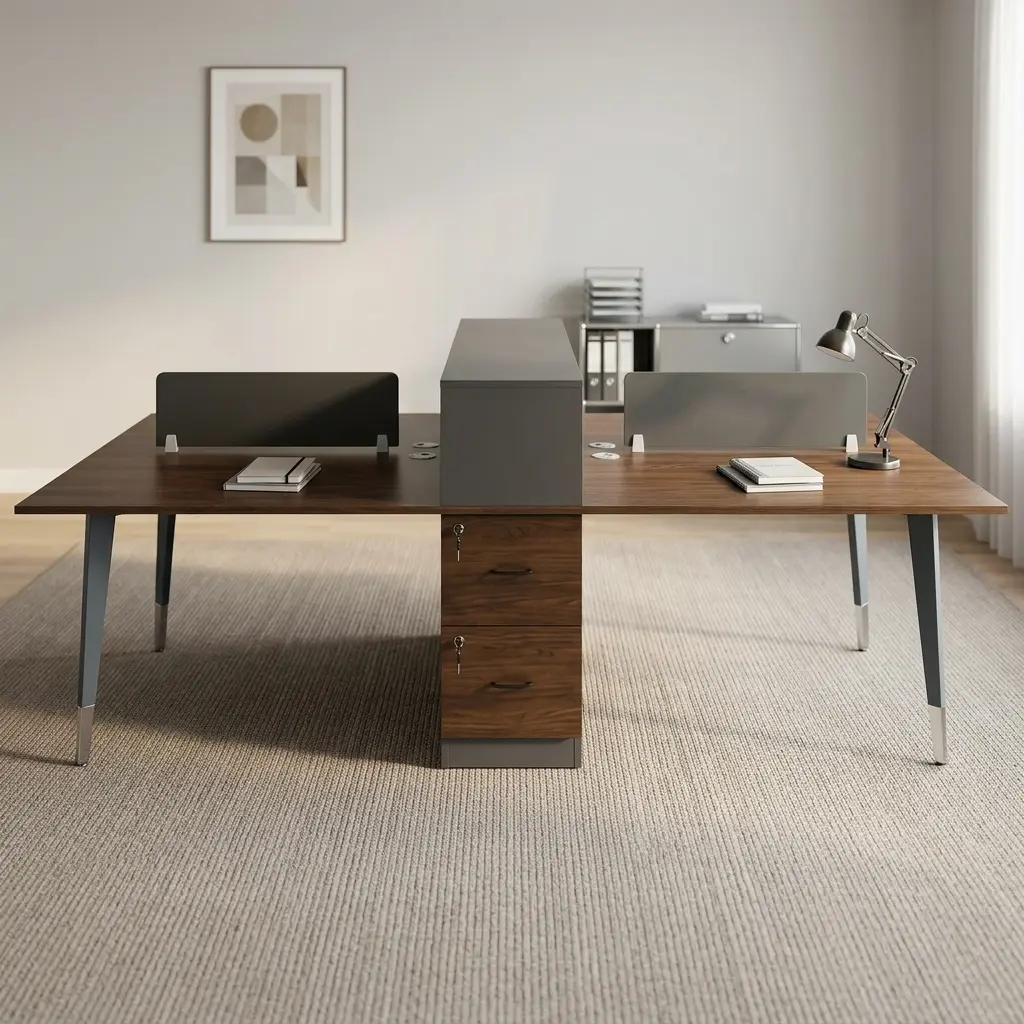 download - 2026-08-08T115533.350 Wooden 4-seater workstation desk featuring rich dark walnut wood tabletops, a central grey storage divider spine with lower lockable pedestal drawers, side privacy desktop screens, integrated wire grommets, and sturdy grey metallic support legs with silver accents.