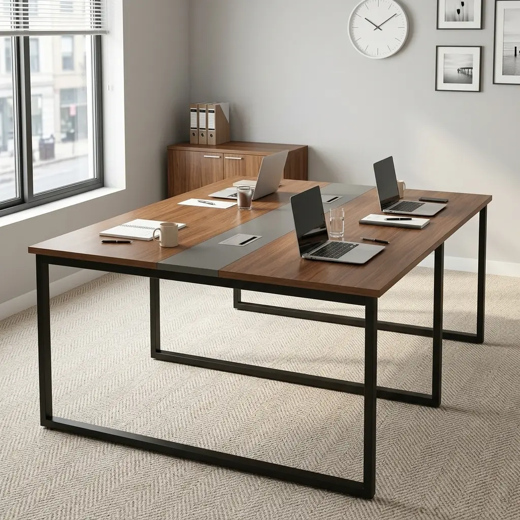 2.4 meters office boardroom table featuring a rich walnut wood laminate top, a central grey inset strip with pop-up power cable access modules, and sturdy black metal square loop legs. 2.4 meters office boardroom table featuring a rich walnut wood laminate top, a central grey inset strip with pop-up power cable access modules, and sturdy black metal square loop legs.
