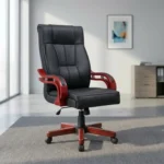 Bliss leather executive chair featuring plush black leather upholstery with vertical panel stitching, high-back ergonomic design, sculpted mahogany-toned wooden armrests with leather padding, height adjustment lever, and a matching five-star wooden swivel base with dual-wheel casters.
