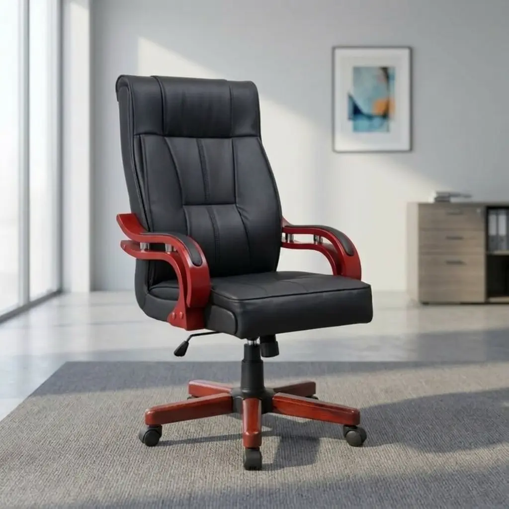 Bliss leather executive chair featuring plush black leather upholstery with vertical panel stitching, high-back ergonomic design, sculpted mahogany-toned wooden armrests with leather padding, height adjustment lever, and a matching five-star wooden swivel base with dual-wheel casters. Bliss leather executive chair featuring plush black leather upholstery with vertical panel stitching, high-back ergonomic design, sculpted mahogany-toned wooden armrests with leather padding, height adjustment lever, and a matching five-star wooden swivel base with dual-wheel casters.