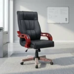 Bliss leather executive chair featuring plush black leather upholstery with vertical panel stitching, high-back ergonomic design, sculpted mahogany-toned wooden armrests with leather padding, height adjustment lever, and a matching five-star wooden swivel base with dual-wheel casters.