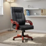 Bliss leather executive chair featuring plush black leather upholstery with vertical panel stitching, high-back ergonomic design, sculpted mahogany-toned wooden armrests with leather padding, height adjustment lever, and a matching five-star wooden swivel base with dual-wheel casters.