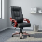 Bliss leather executive chair featuring plush black leather upholstery with vertical panel stitching, high-back ergonomic design, sculpted mahogany-toned wooden armrests with leather padding, height adjustment lever, and a matching five-star wooden swivel base with dual-wheel casters.