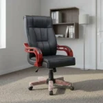 Bliss leather executive chair featuring plush black leather upholstery with vertical panel stitching, high-back ergonomic design, sculpted mahogany-toned wooden armrests with leather padding, height adjustment lever, and a matching five-star wooden swivel base with dual-wheel casters.