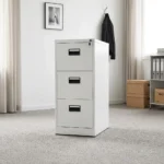 Steel 3 drawer office cabinet featuring a clean white powder-coated metal finish, three full-extension filing drawers with recessed black handles, label holders, and a top central locking mechanism.