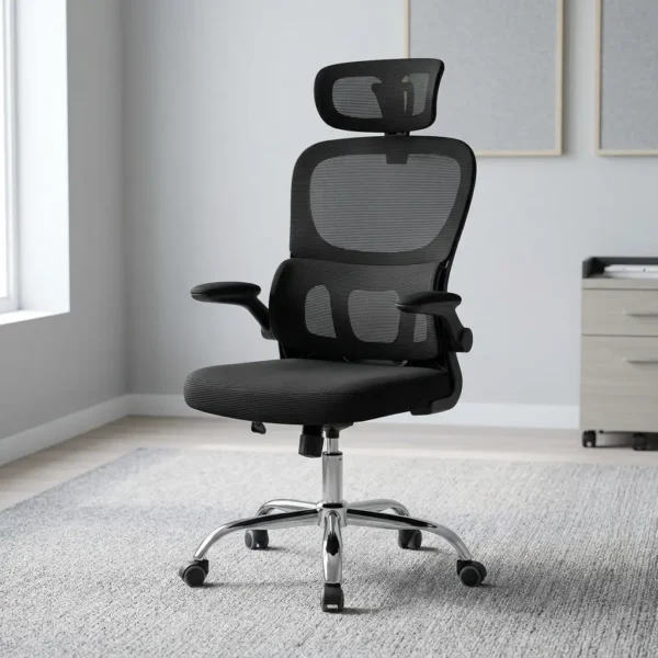 Ergonomic chair with flip armrests featuring a breathable black mesh backrest, an adjustable mesh headrest, integrated lower lumbar support cushion, padded fabric seat, 90-degree flip-up padded armrests, height adjustment lever, and a chrome five-star swivel base with caster wheels.