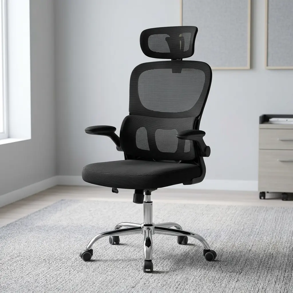 Ergonomic chair with flip armrests featuring a breathable black mesh backrest, an adjustable mesh headrest, integrated lower lumbar support cushion, padded fabric seat, 90-degree flip-up padded armrests, height adjustment lever, and a chrome five-star swivel base with caster wheels. Ergonomic chair with flip armrests featuring a breathable black mesh backrest, an adjustable mesh headrest, integrated lower lumbar support cushion, padded fabric seat, 90-degree flip-up padded armrests, height adjustment lever, and a chrome five-star swivel base with caster wheels.
