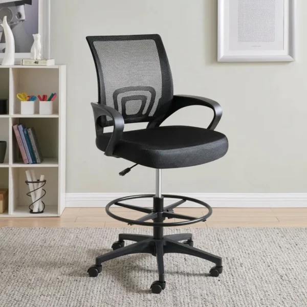 Black ergonomic cashier chair featuring a breathable black mesh backrest with built-in lumbar support, a padded fabric seat cushion, curved fixed armrests, height adjustment lever, an adjustable circular chrome foot ring, and a five-star nylon swivel base with caster wheels.