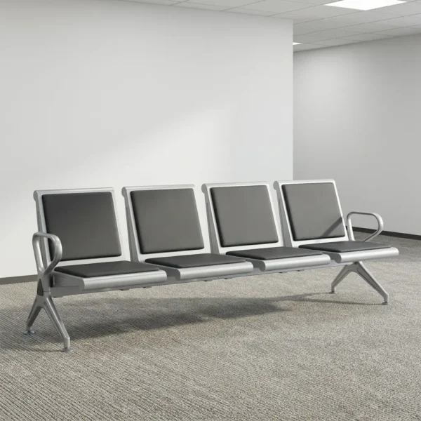 4-seater airport bench featuring four contoured seats with black padded faux leather cushions, silver powder-coated steel frames, curved metallic end armrests, and a heavy-duty beam structure supported by angled metal legs.