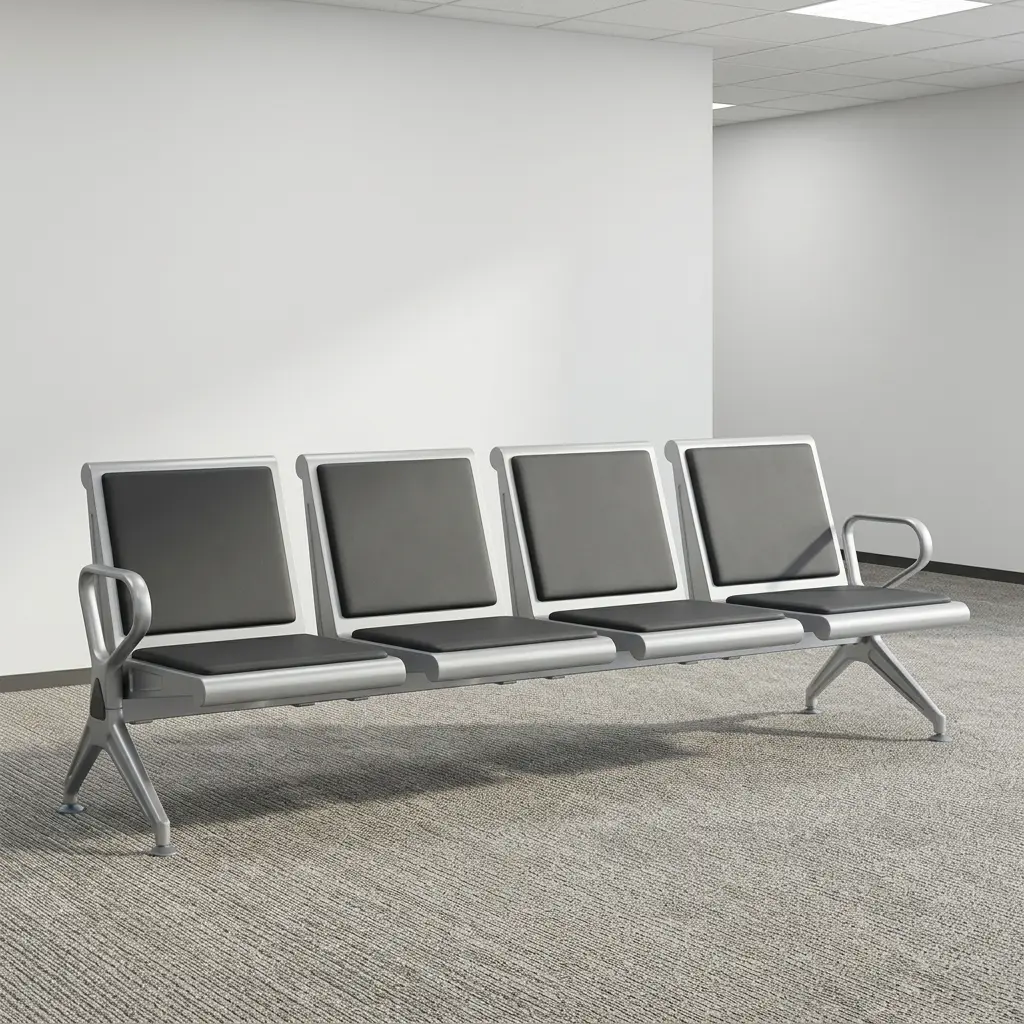 4-seater airport bench featuring four contoured seats with black padded faux leather cushions, silver powder-coated steel frames, curved metallic end armrests, and a heavy-duty beam structure supported by angled metal legs.