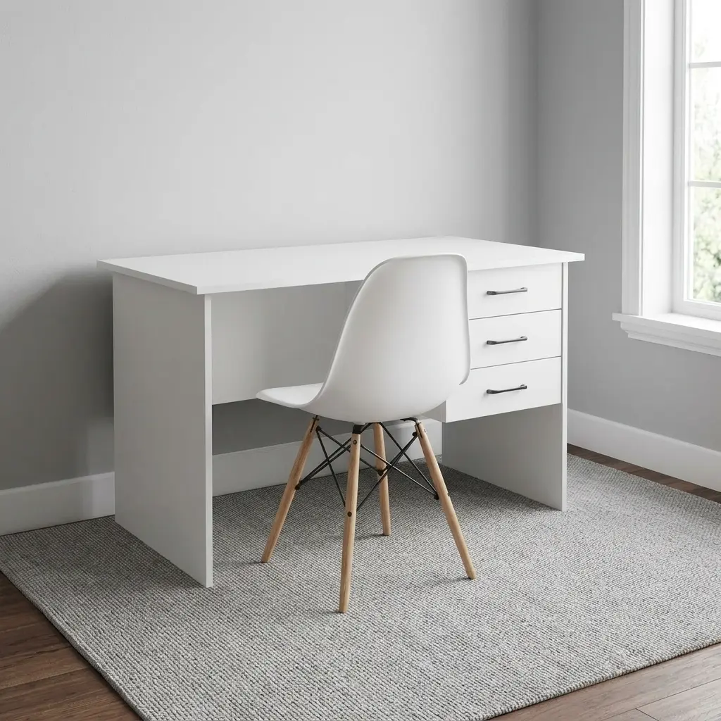 1.2m desk & chair combo featuring a minimalist white laminate study desk with three integrated right-side storage drawers and thin black metal handles, paired with a modern white molded plastic shell chair supported by natural wood dowel legs with black metal wire cross-bracing.