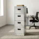 Vertical 4 drawer file cabinet featuring a tall steel structure in a powder-coated light grey finish, four full-extension filing drawers with integrated black recessed handles, individual label slots, and a top-right core lock system.